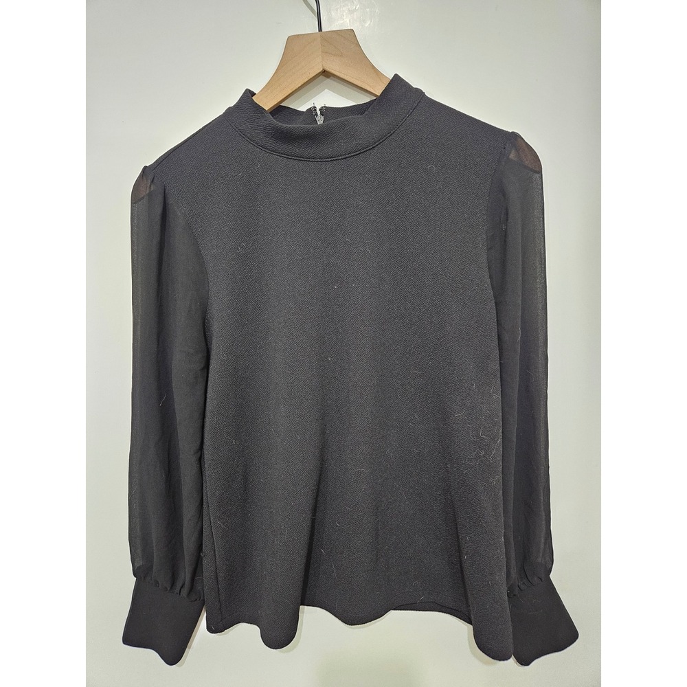 Ann Taylor Black‎ Mock Neck Sheer Sleeve Textured Blouse Top Womens Medium